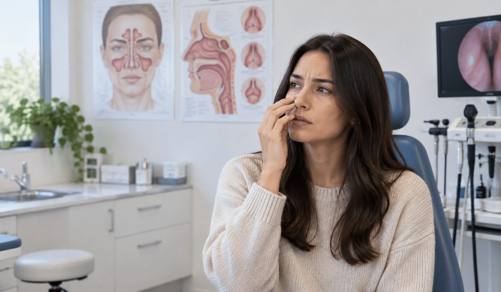 A woman touching her nose during an ENT examination