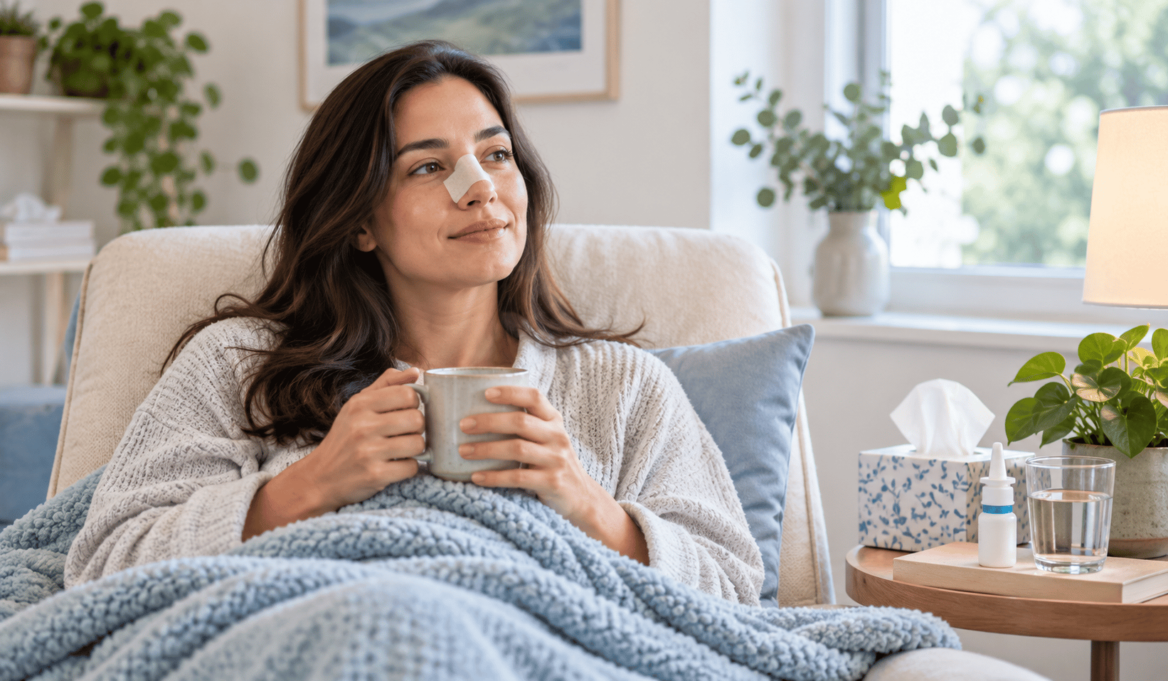 A patient resting at home during recovery, with a nasal splint